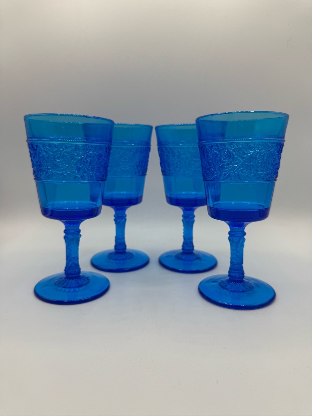 Vintage Set of 4 Fenton Flower Band Glass Goblets Colonial Blue